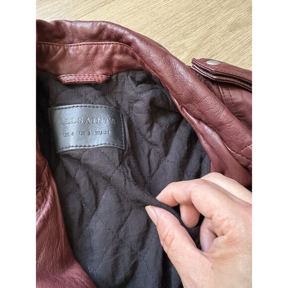 ALLSAINTS Women’s Burgandy Lined Leather Jacket Gidley Biker Moto US Size 2 WARM - Picture 5 of 8